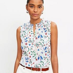 Loft Tropical Rhythm Hearts Smocked Split Neck Shell Blouse Tank, Size Medium